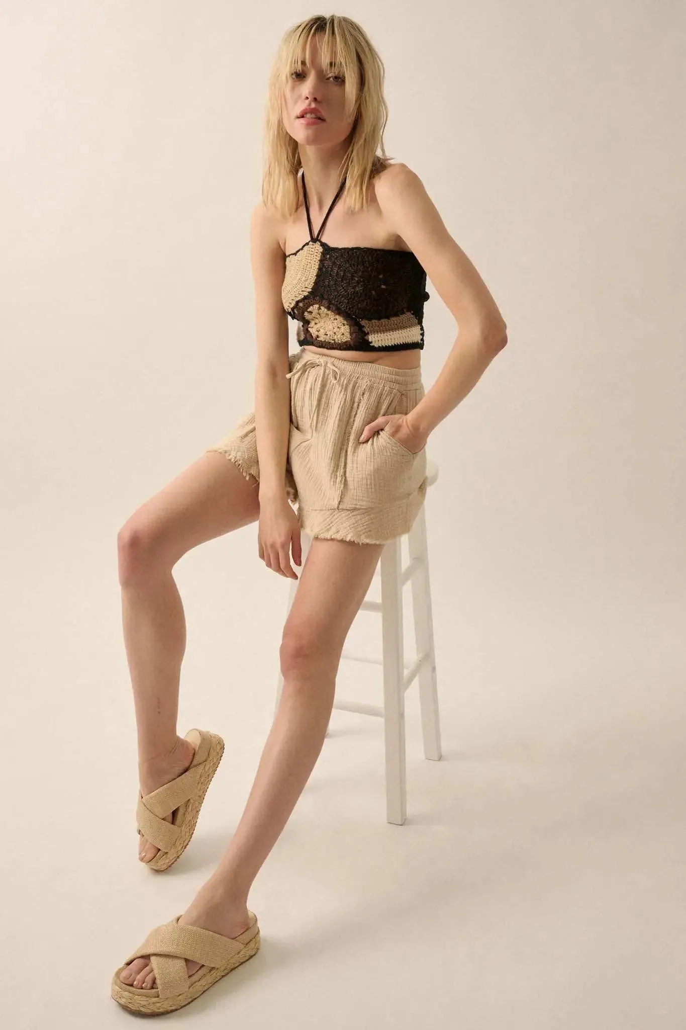 Ruffle and Ready Crinkle Cotton Raw-Edge Shorts sold by Promesa