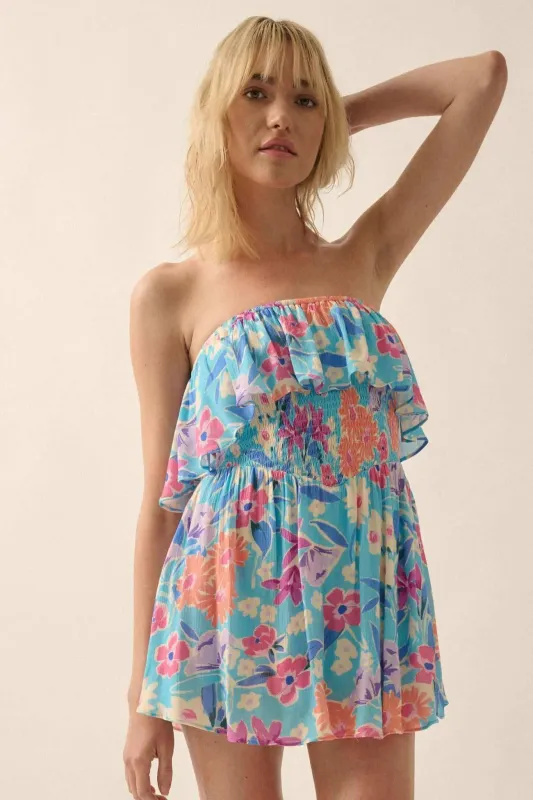 Good to Grow Floral Crepe Strapless Flounce Romper sold by Promesa