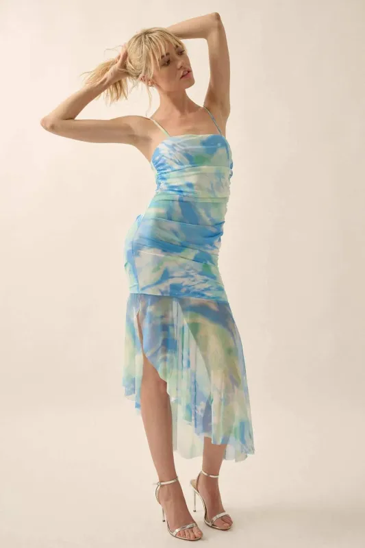 Chasing Waves Tie-Dye Mesh Drop-Waist Midi Dress sold by Promesa