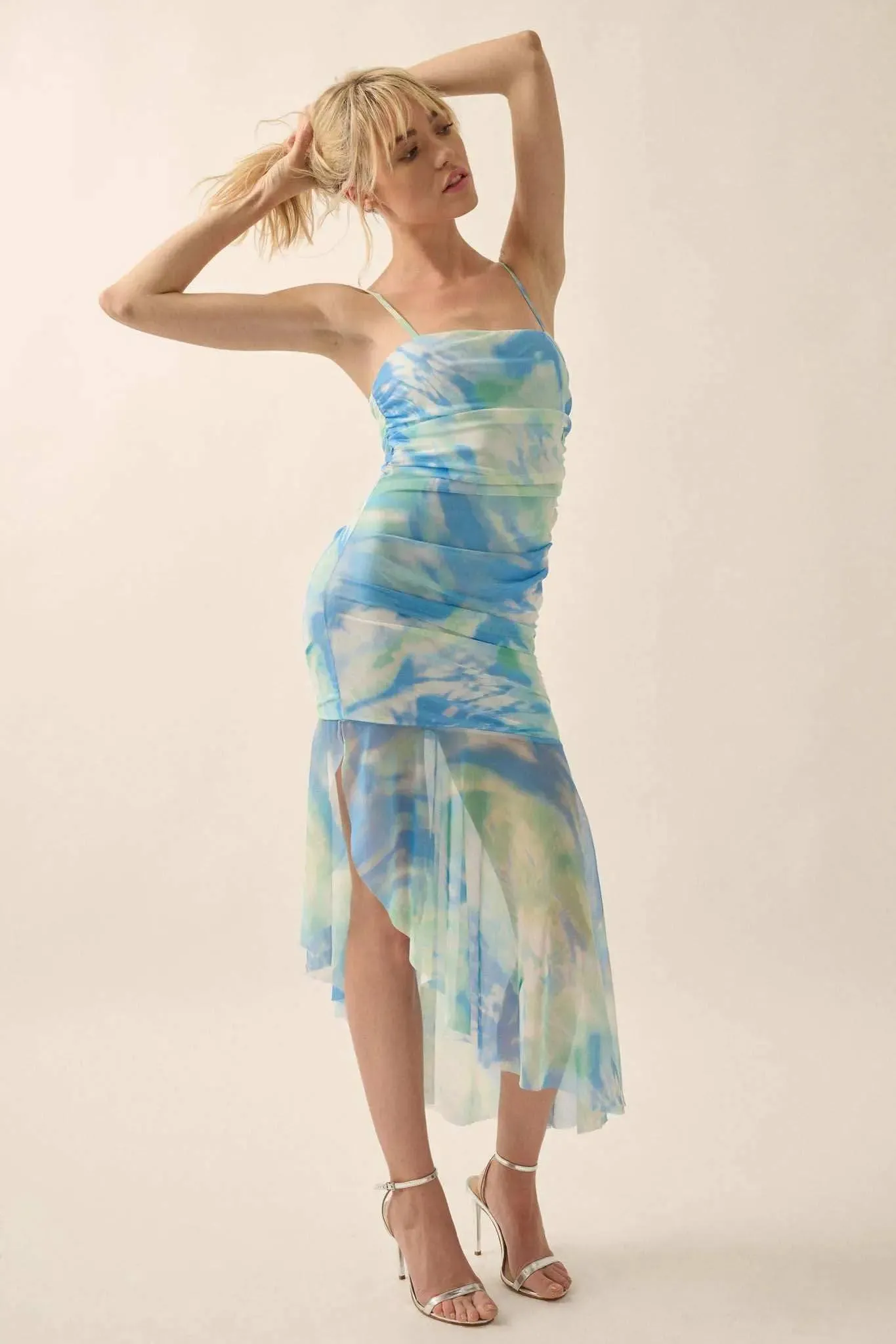 Chasing Waves Tie-Dye Mesh Drop-Waist Midi Dress sold by Promesa