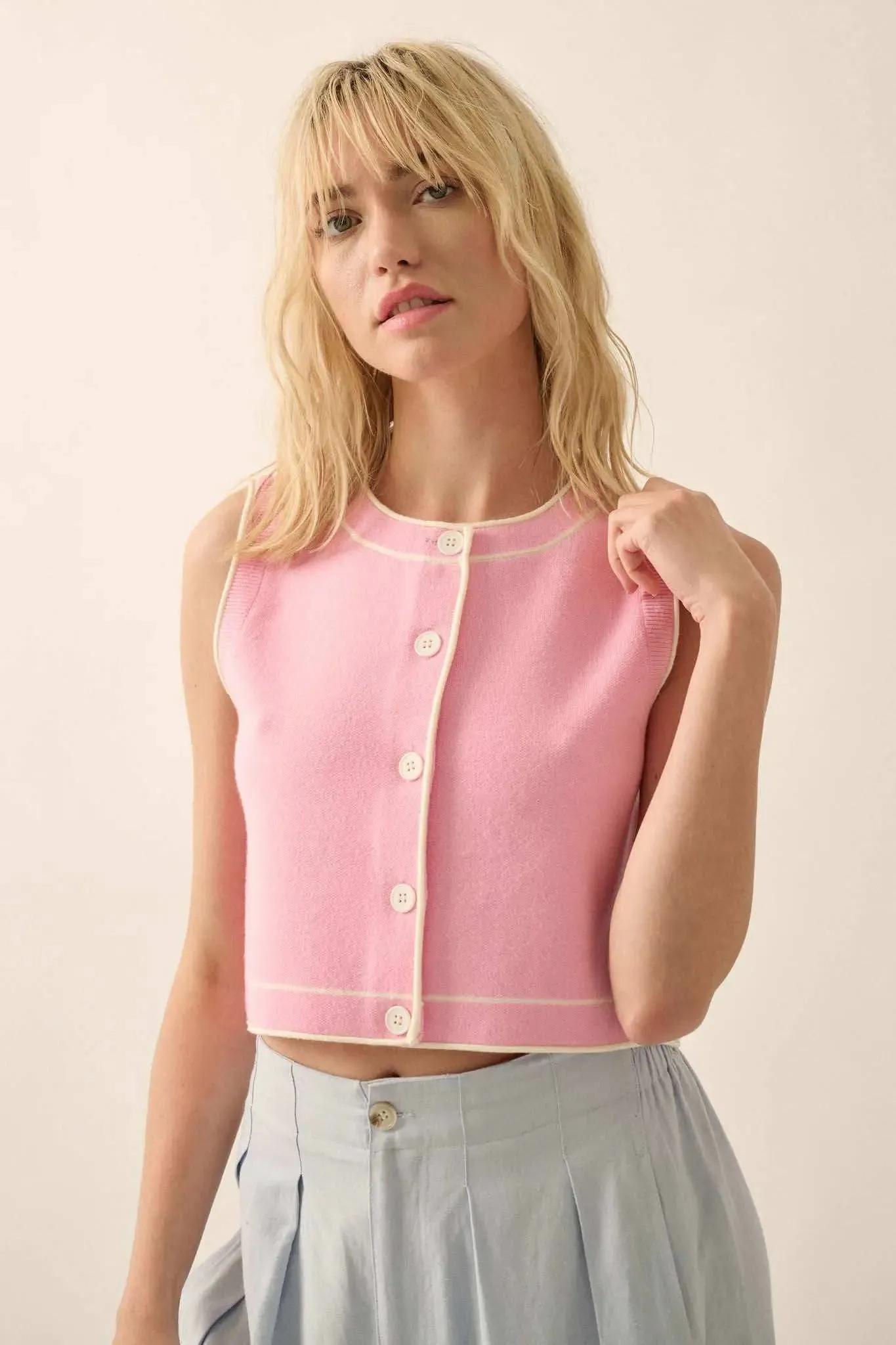 Break Out Sleeveless Button-Up Cropped Sweater sold by Promesa product image thumbnail 5