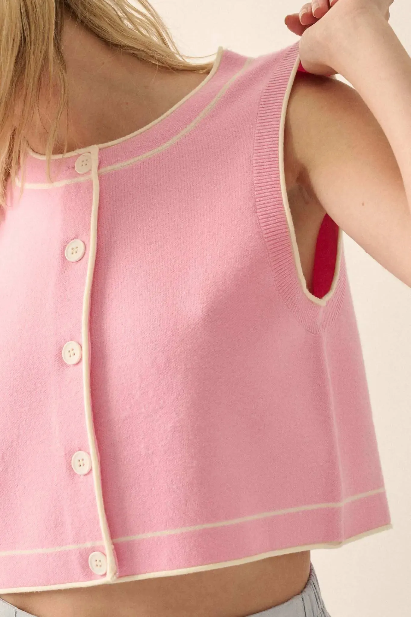 Break Out Sleeveless Button-Up Cropped Sweater sold by Promesa product image thumbnail 4