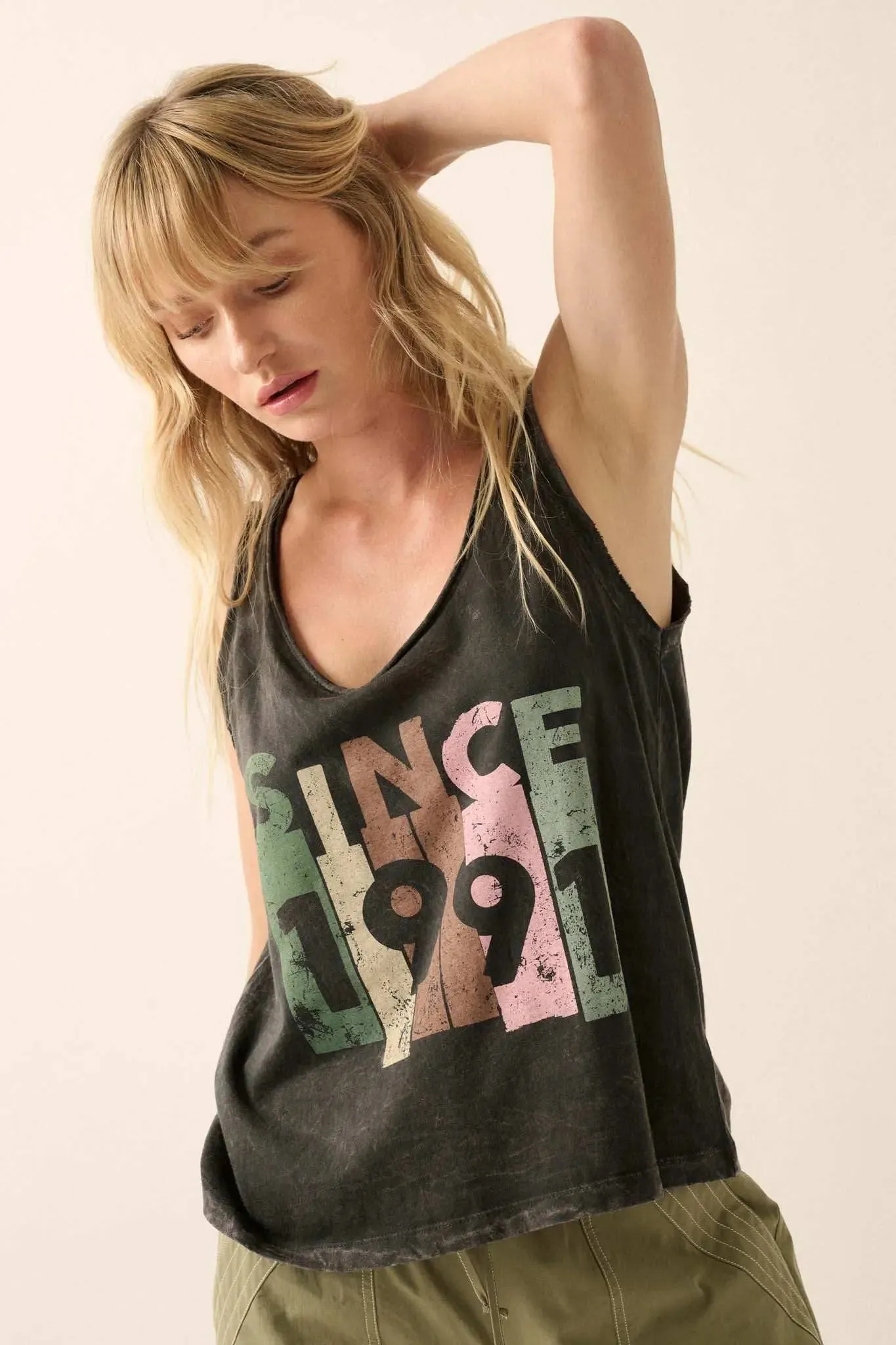 Since 1991 Vintage-Wash Raw-Edge Graphic Tank Top sold by Promesa product image thumbnail 3