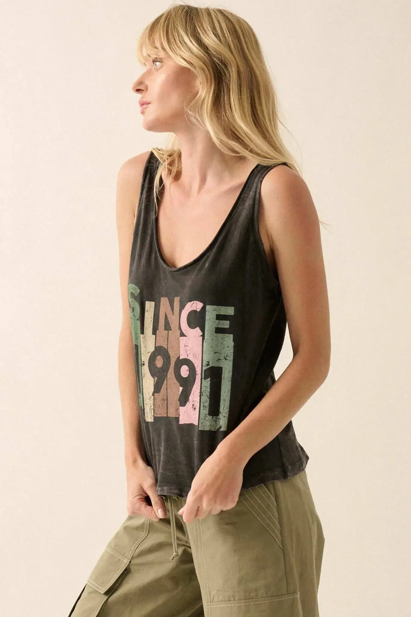 Since 1991 Vintage-Wash Raw-Edge Graphic Tank Top sold by Promesa product image thumbnail 5
