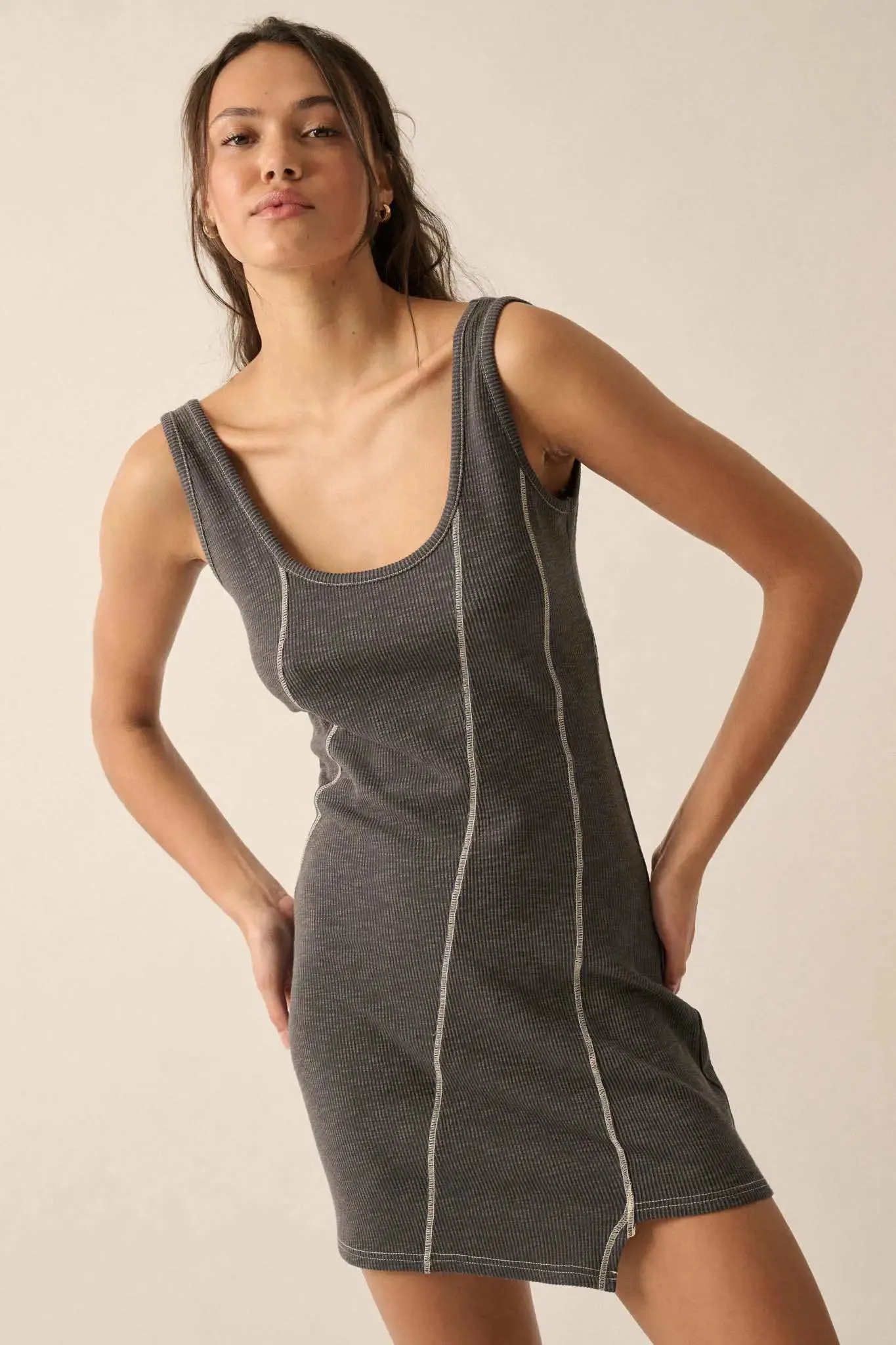 Sew What Exposed-Seam Rib-Knit Tank Mini Dress sold by Promesa product image thumbnail 3