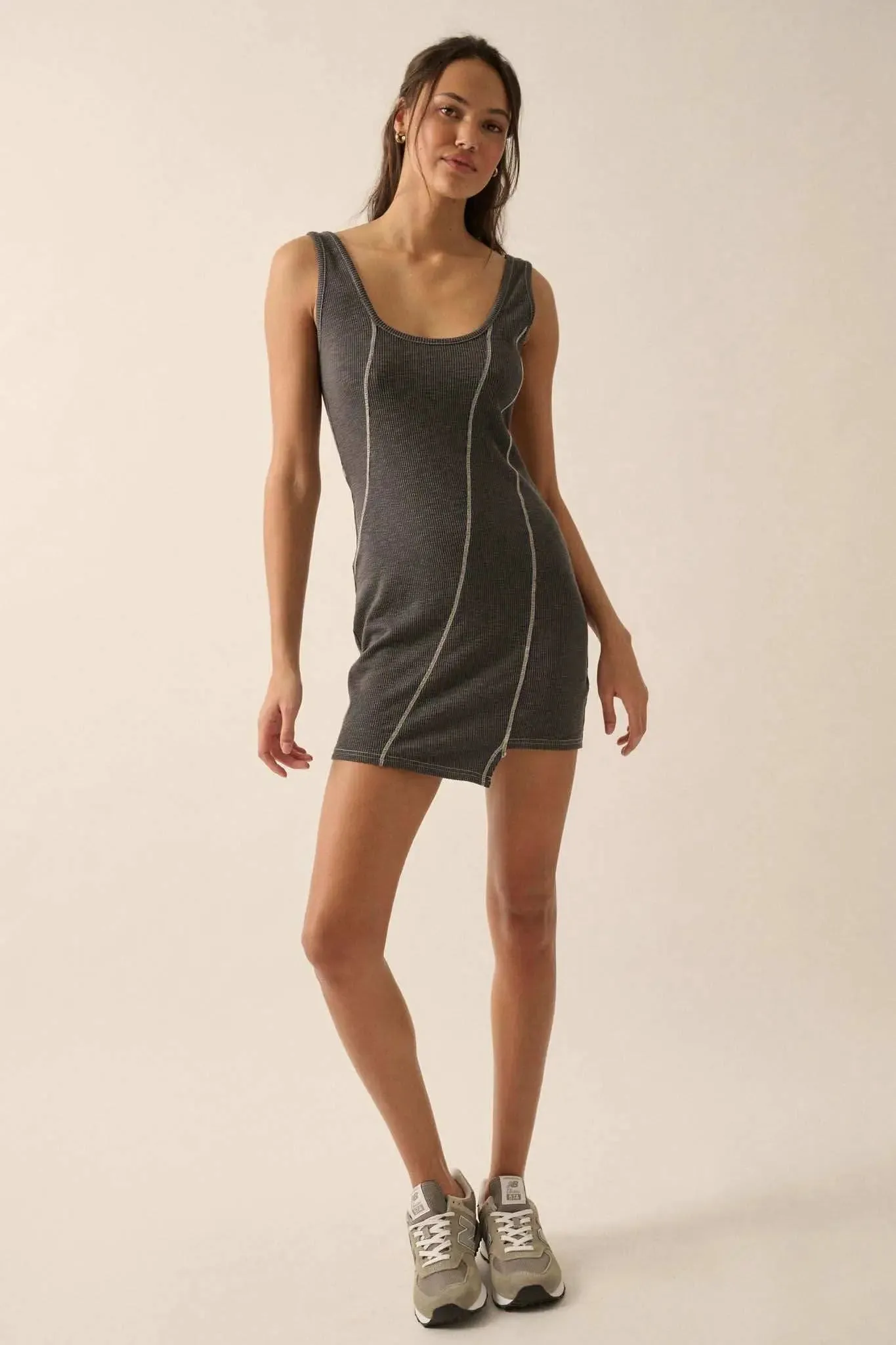Sew What Exposed-Seam Rib-Knit Tank Mini Dress sold by Promesa product image thumbnail 4