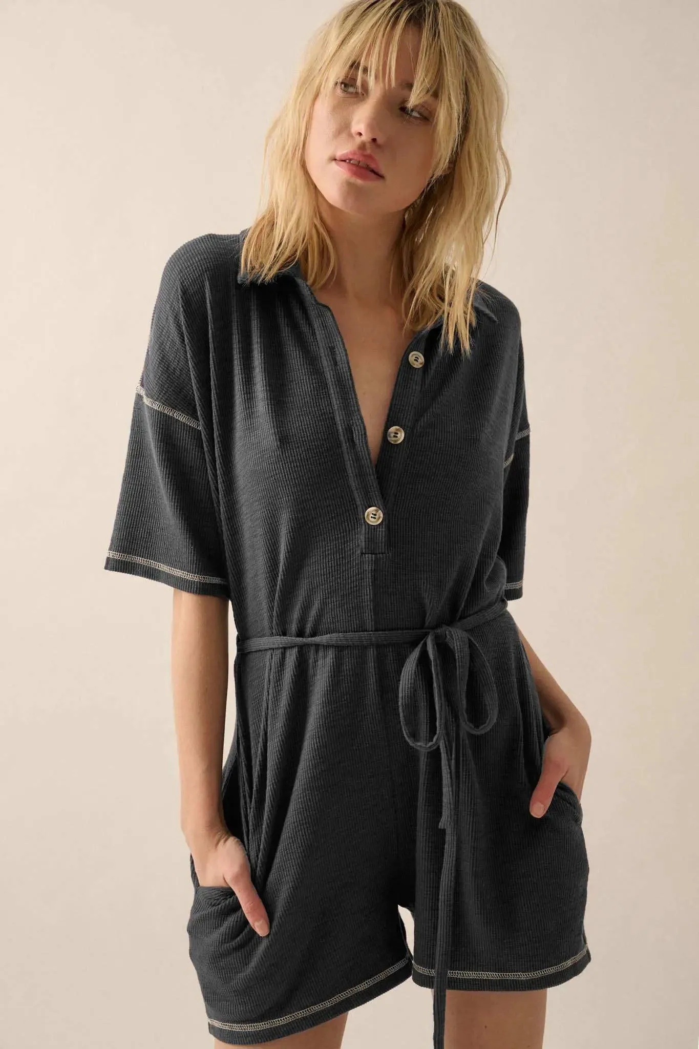 Sew It Goes Belted Rib-Knit Half-Button Romper sold by Promesa product image thumbnail 5