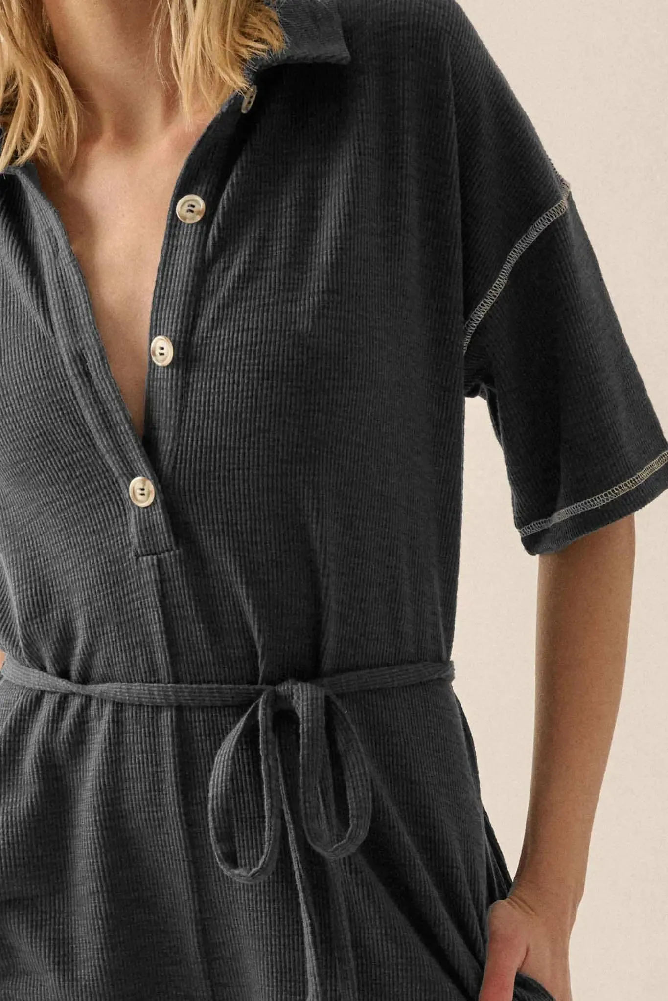 Sew It Goes Belted Rib-Knit Half-Button Romper sold by Promesa product image thumbnail 4