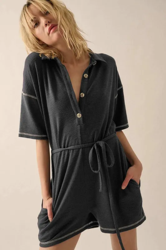 Sew It Goes Belted Rib-Knit Half-Button Romper sold by Promesa