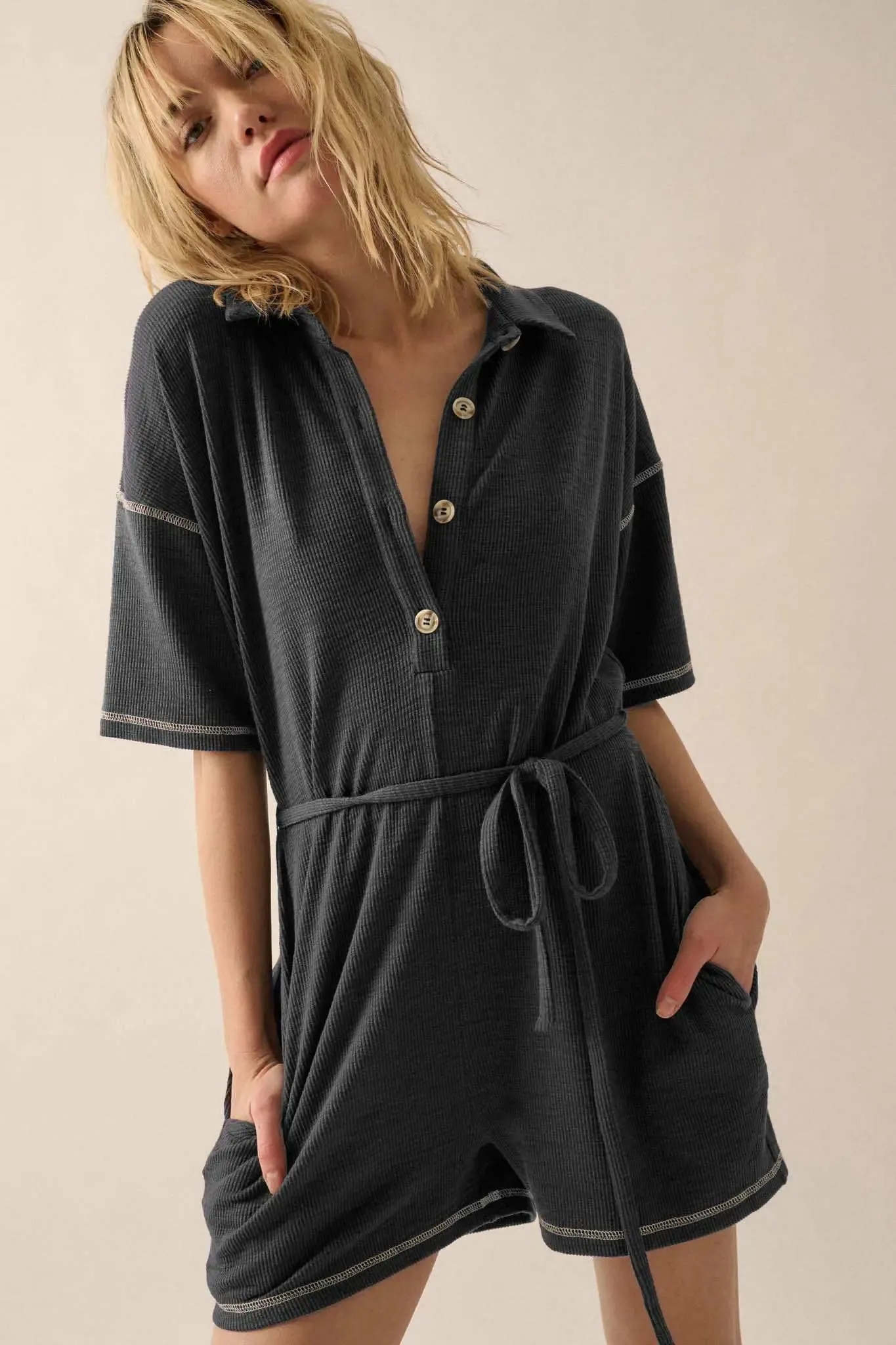 Sew It Goes Belted Rib-Knit Half-Button Romper sold by Promesa