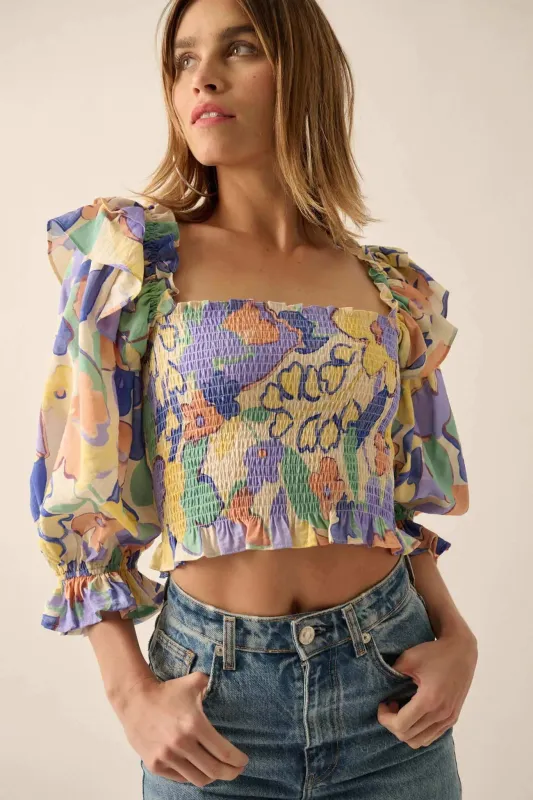 Dainty Dew Smocked Floral Puff-Sleeve Peasant Top sold by Promesa