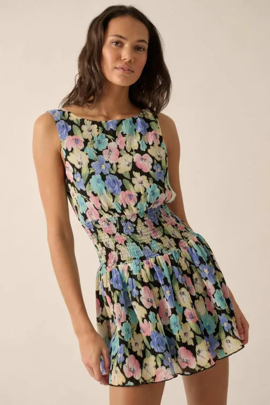 Rainbow Blooms Pleated Floral Mini Dress sold by Promesa