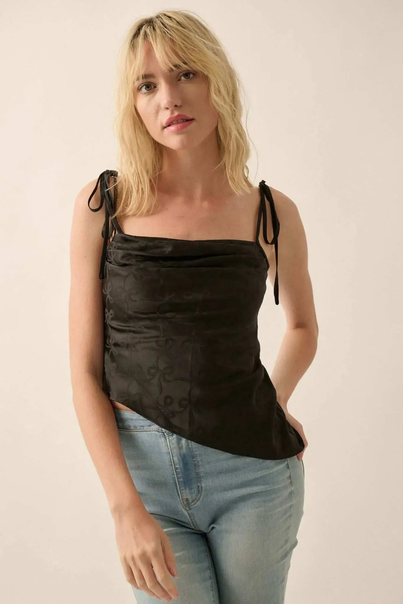 Bow Down Satin Jacquard Asymmetrical Cami Top sold by Promesa product image thumbnail 4