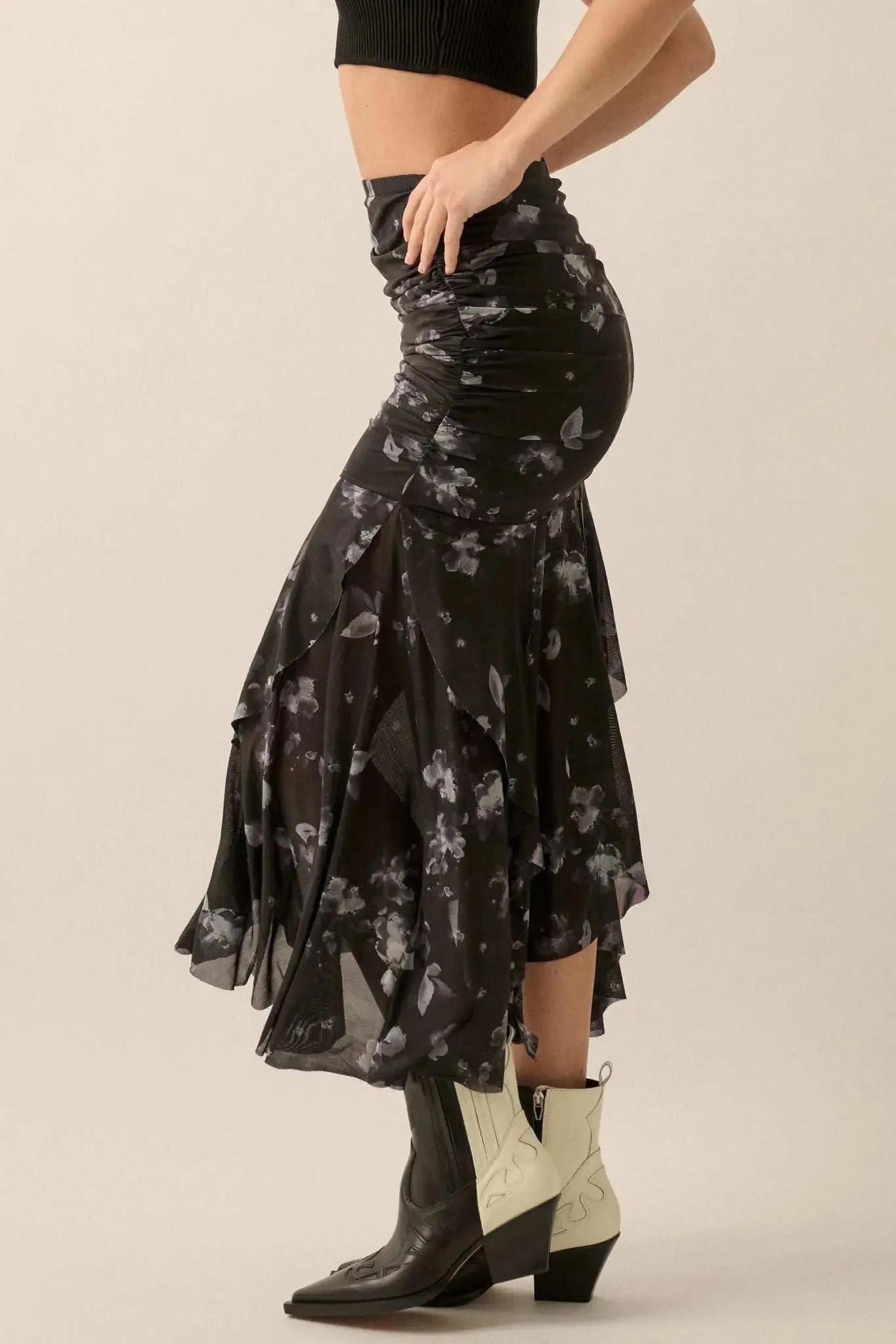 Blooming Shadows Floral Mesh Drop-Waist Midi Skirt sold by Promesa product image thumbnail 5