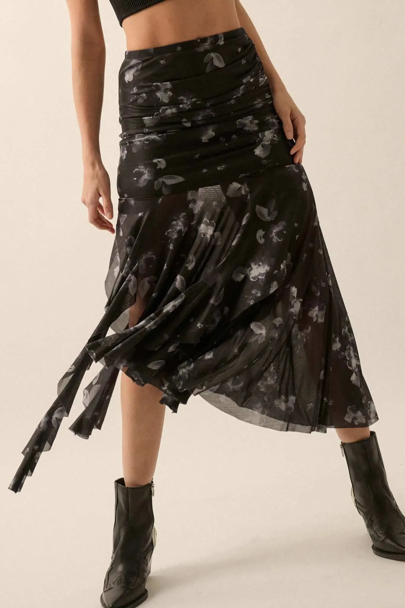 Blooming Shadows Floral Mesh Drop-Waist Midi Skirt sold by Promesa product image thumbnail 4