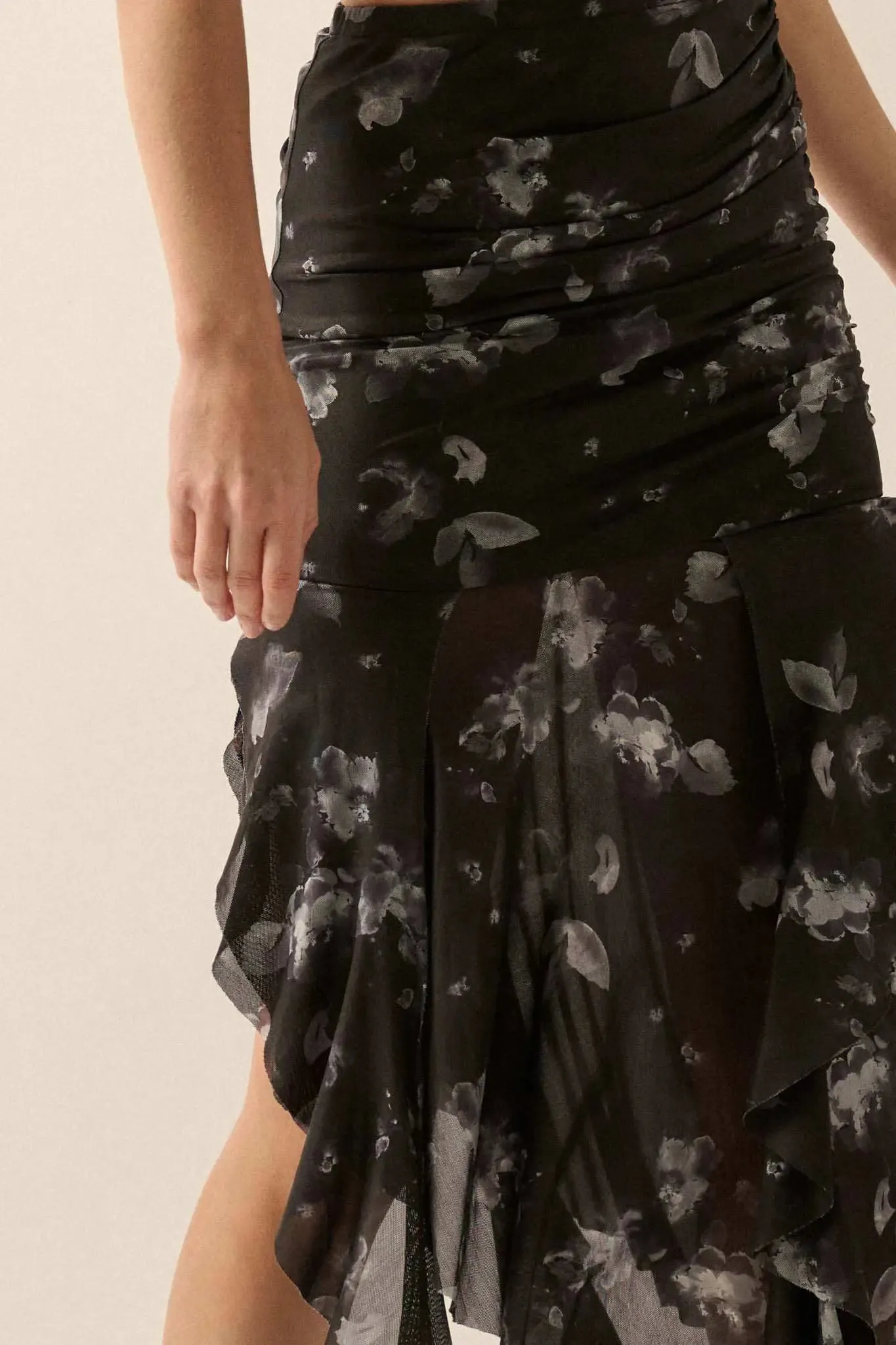 Blooming Shadows Floral Mesh Drop-Waist Midi Skirt sold by Promesa product image thumbnail 3
