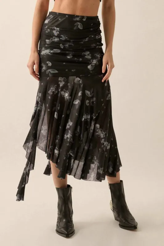 Blooming Shadows Floral Mesh Drop-Waist Midi Skirt sold by Promesa