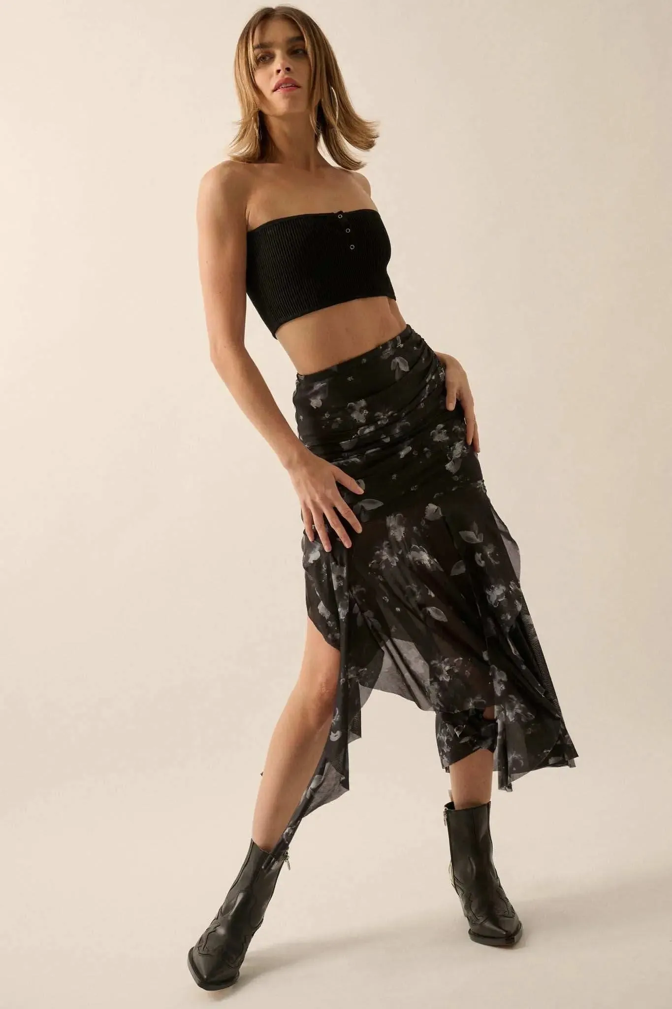Blooming Shadows Floral Mesh Drop-Waist Midi Skirt sold by Promesa product image thumbnail 2