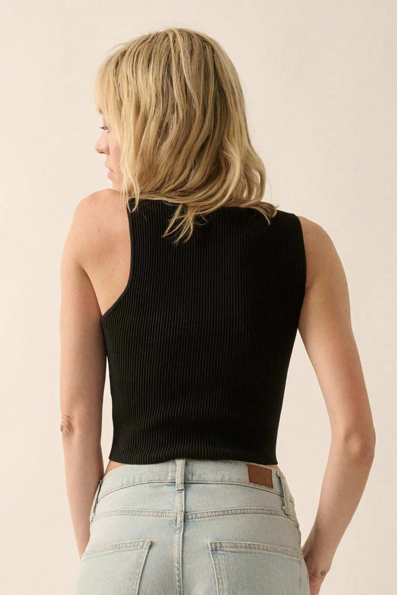 Shaper Fit Rib-Knit Asymmetrical Cropped Tank Top sold by Promesa product image thumbnail 3