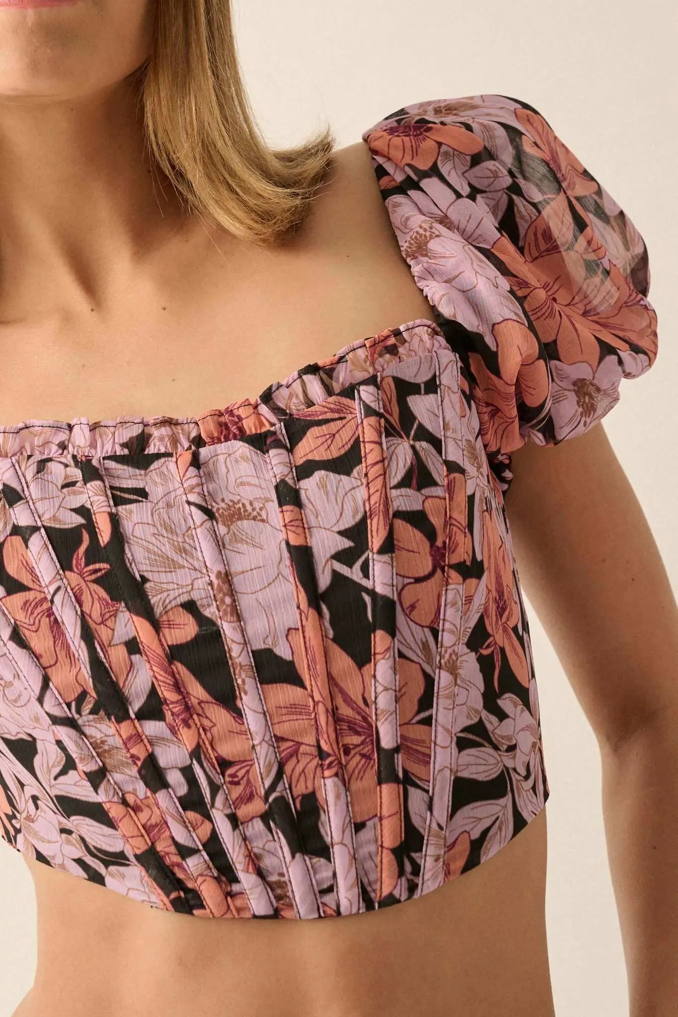 Fiji Feeling Floral Chiffon Puff-Sleeve Corset Top sold by Promesa product image thumbnail 5