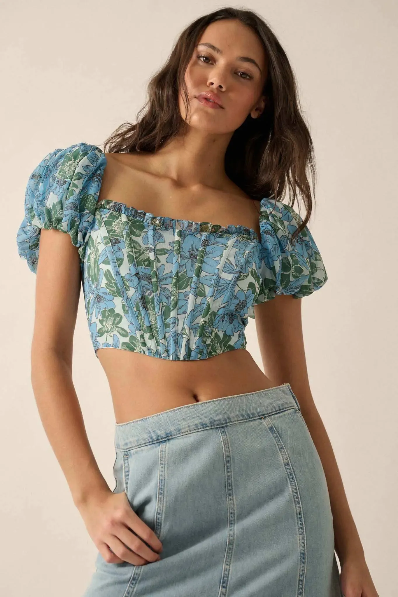 Fiji Feeling Floral Chiffon Puff-Sleeve Corset Top sold by Promesa