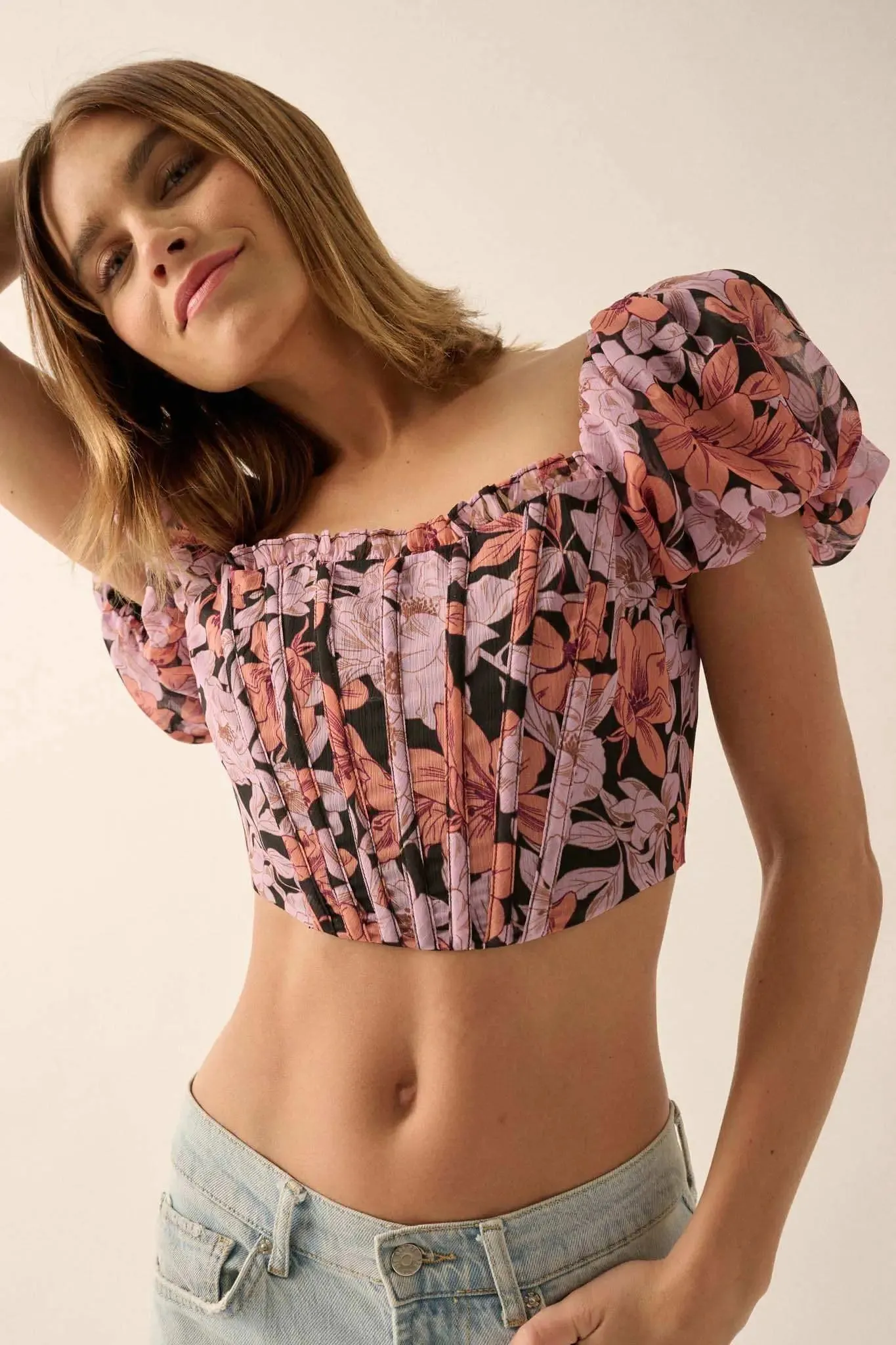 Fiji Feeling Floral Chiffon Puff-Sleeve Corset Top sold by Promesa product image thumbnail 2