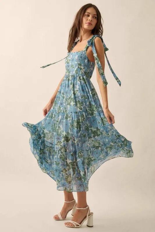 Borneo Bliss Floral Chiffon Tiered Ruffle Midi Dress made by Promesa
