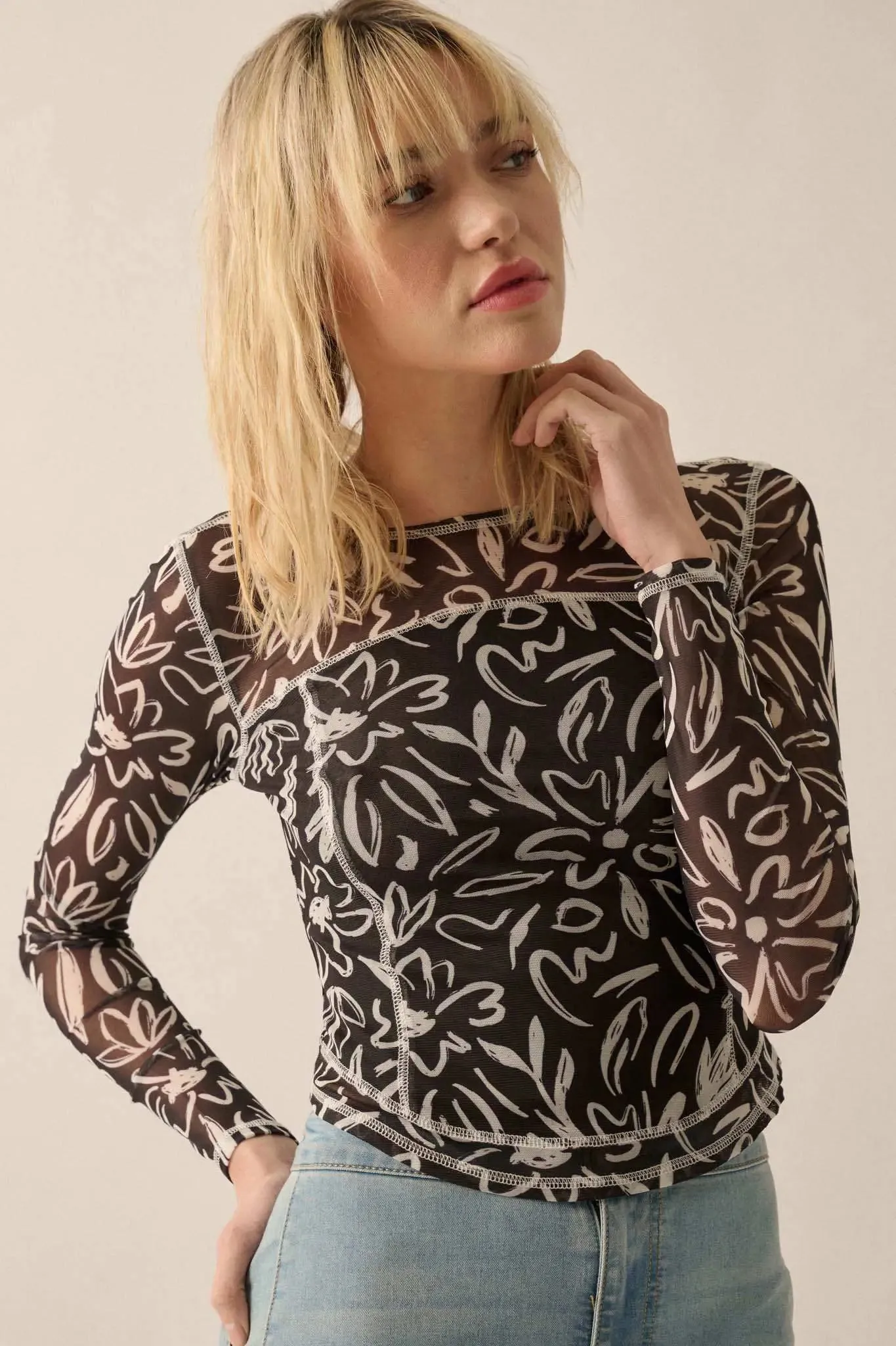 Modern Blossoms Floral-Print Mesh Exposed-Seam Top sold by Promesa product image thumbnail 5
