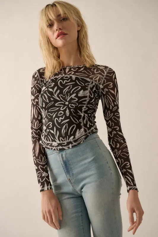 Modern Blossoms Floral-Print Mesh Exposed-Seam Top sold by Promesa