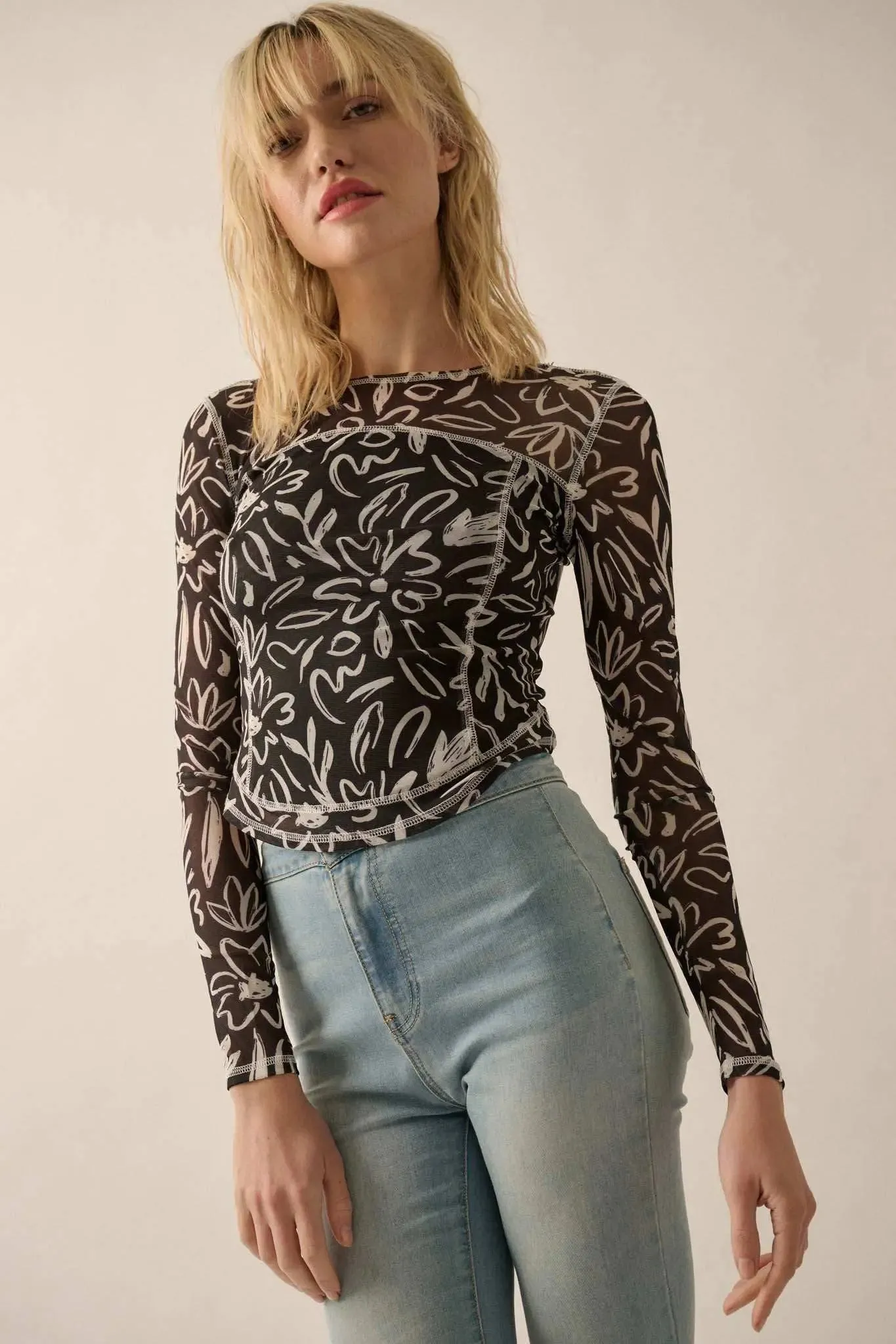 Modern Blossoms Floral-Print Mesh Exposed-Seam Top sold by Promesa