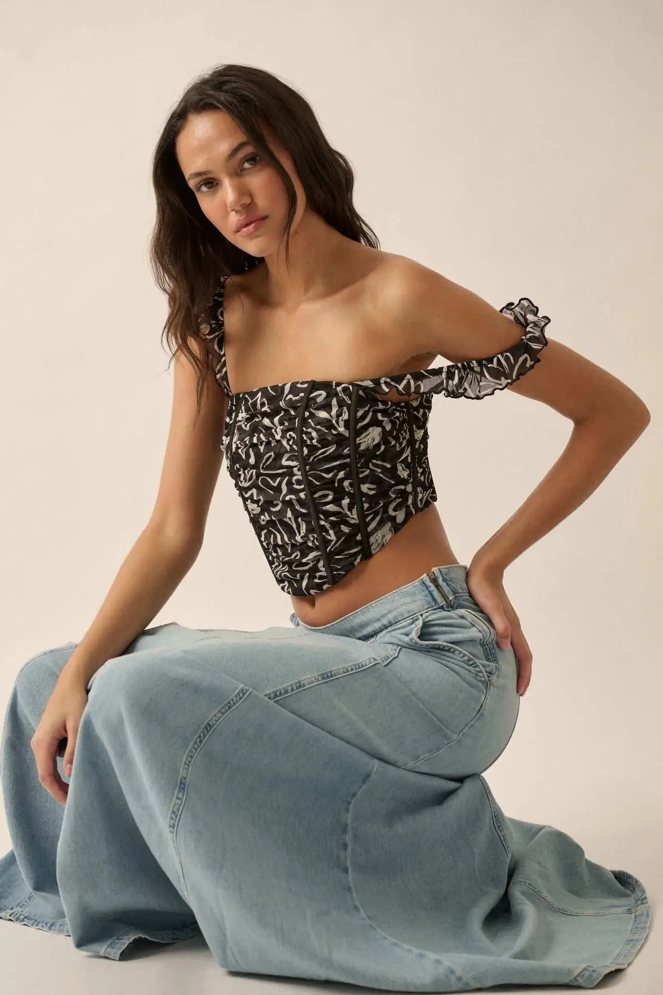 Abstract Blooms Floral-Print Mesh Corset Cami Top sold by Promesa