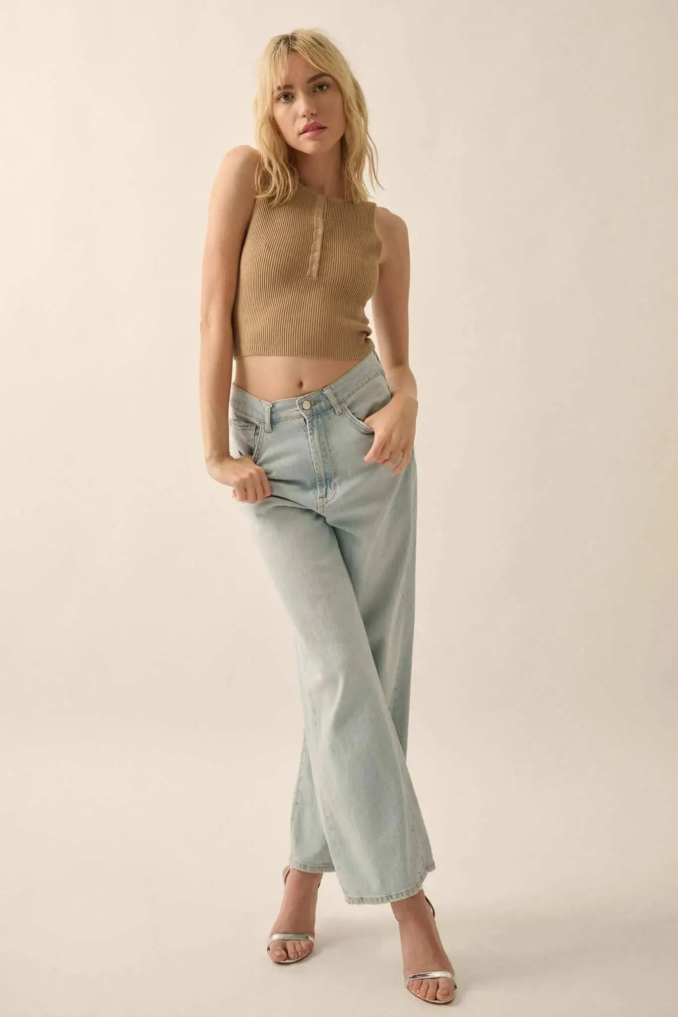 Shaper Fit Cropped Rib-Knit Sleeveless Henley Top sold by Promesa product image thumbnail 3