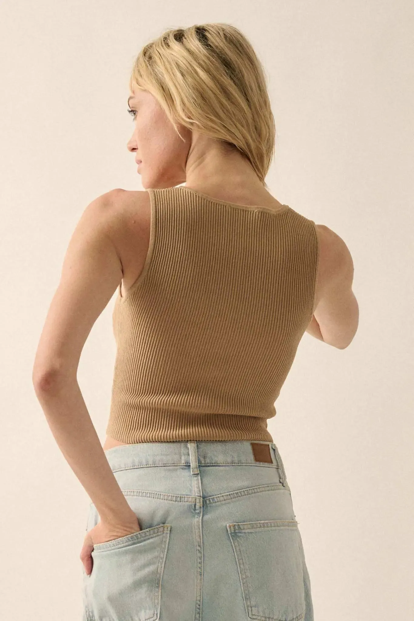 Shaper Fit Cropped Rib-Knit Sleeveless Henley Top sold by Promesa product image thumbnail 2