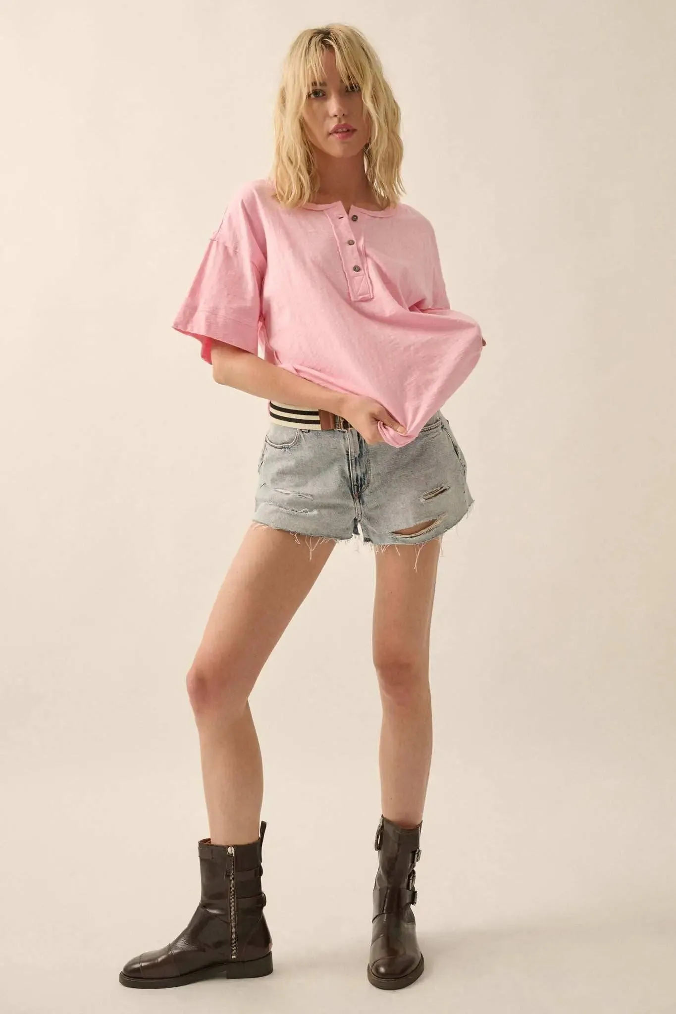 Easy Fit Vintage-Wash Exposed-Seam Henley Tee sold by Promesa product image thumbnail 3