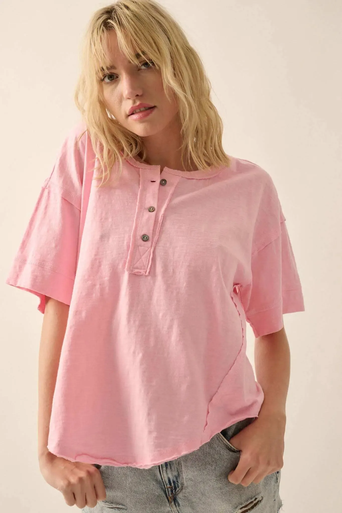 Easy Fit Vintage-Wash Exposed-Seam Henley Tee sold by Promesa product image thumbnail 2