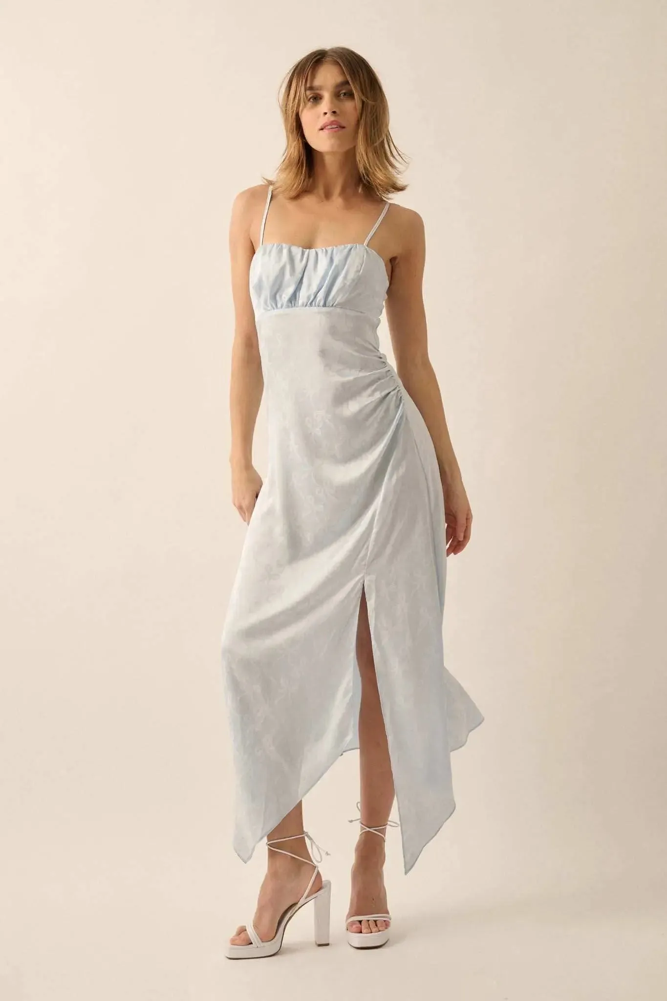 Take a Bow Satin Jacquard Asymmetrical Midi Dress sold by Promesa product image thumbnail 4