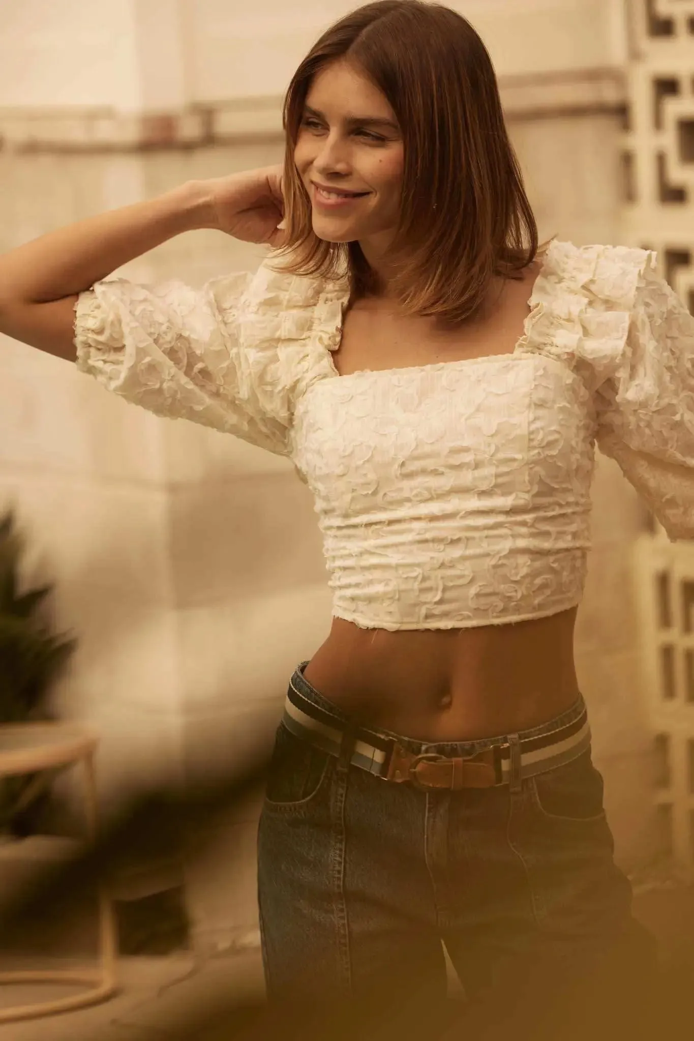 Sitting Pretty Floral Ribbon Lace Puff-Sleeve Top sold by Promesa