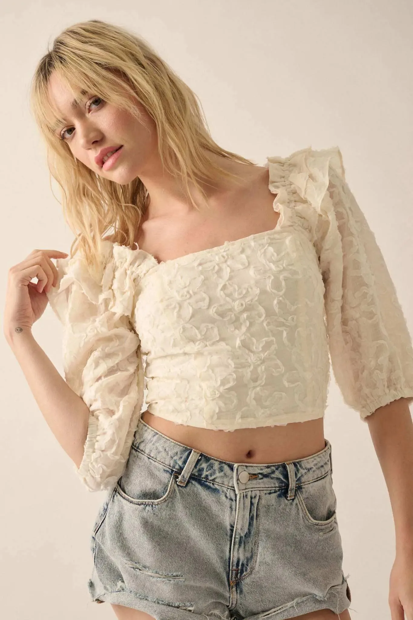 Sitting Pretty Floral Ribbon Lace Puff-Sleeve Top sold by Promesa product image thumbnail 3