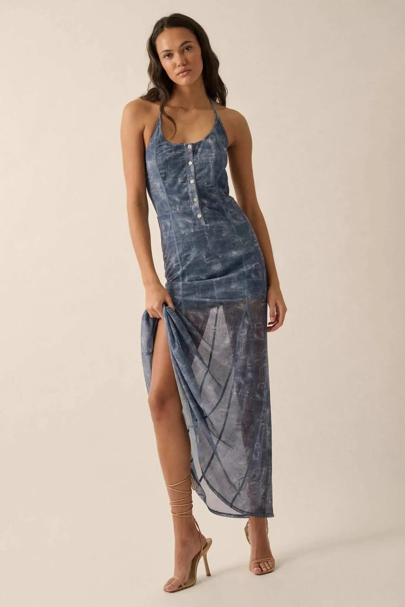 Here We Indigo Denim-Print Mesh Halter Maxi Dress sold by Promesa product image thumbnail 5