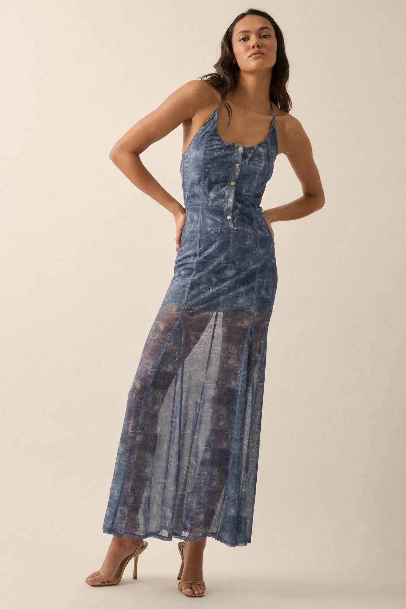 Here We Indigo Denim-Print Mesh Halter Maxi Dress sold by Promesa product image thumbnail 3