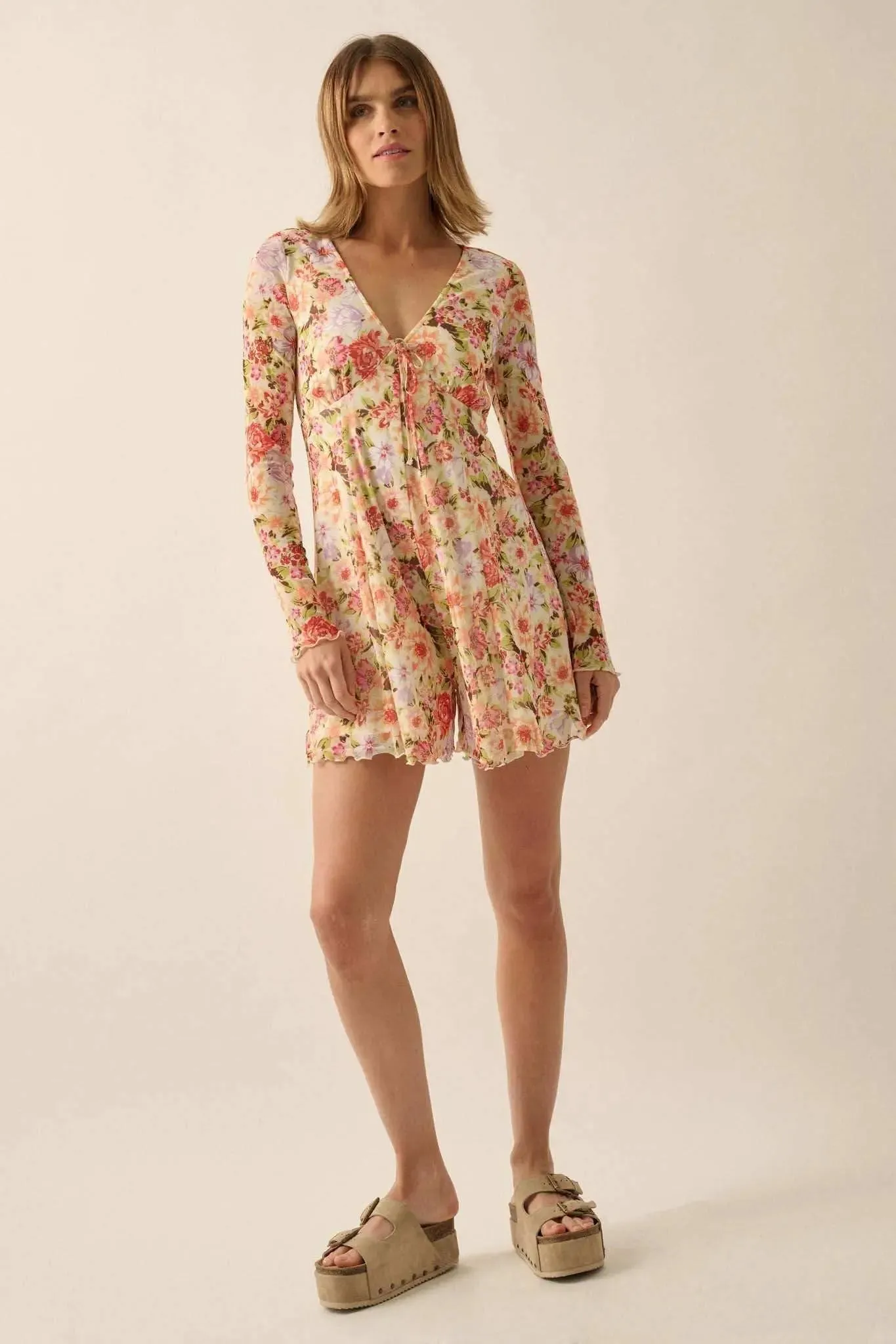 Growing Wild Floral-Print Mesh Long-Sleeve Romper sold by Promesa product image thumbnail 5