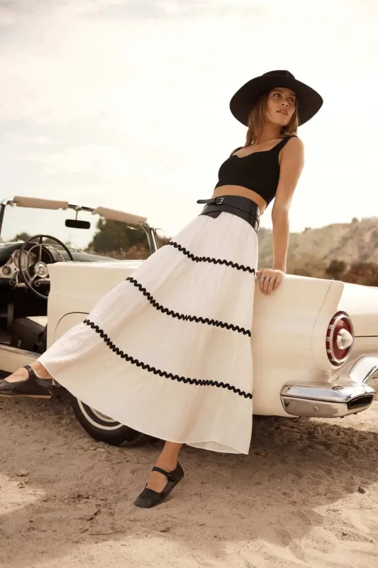 Blissful Breeze Rickrack-Trim Tiered Maxi Skirt sold by Promesa