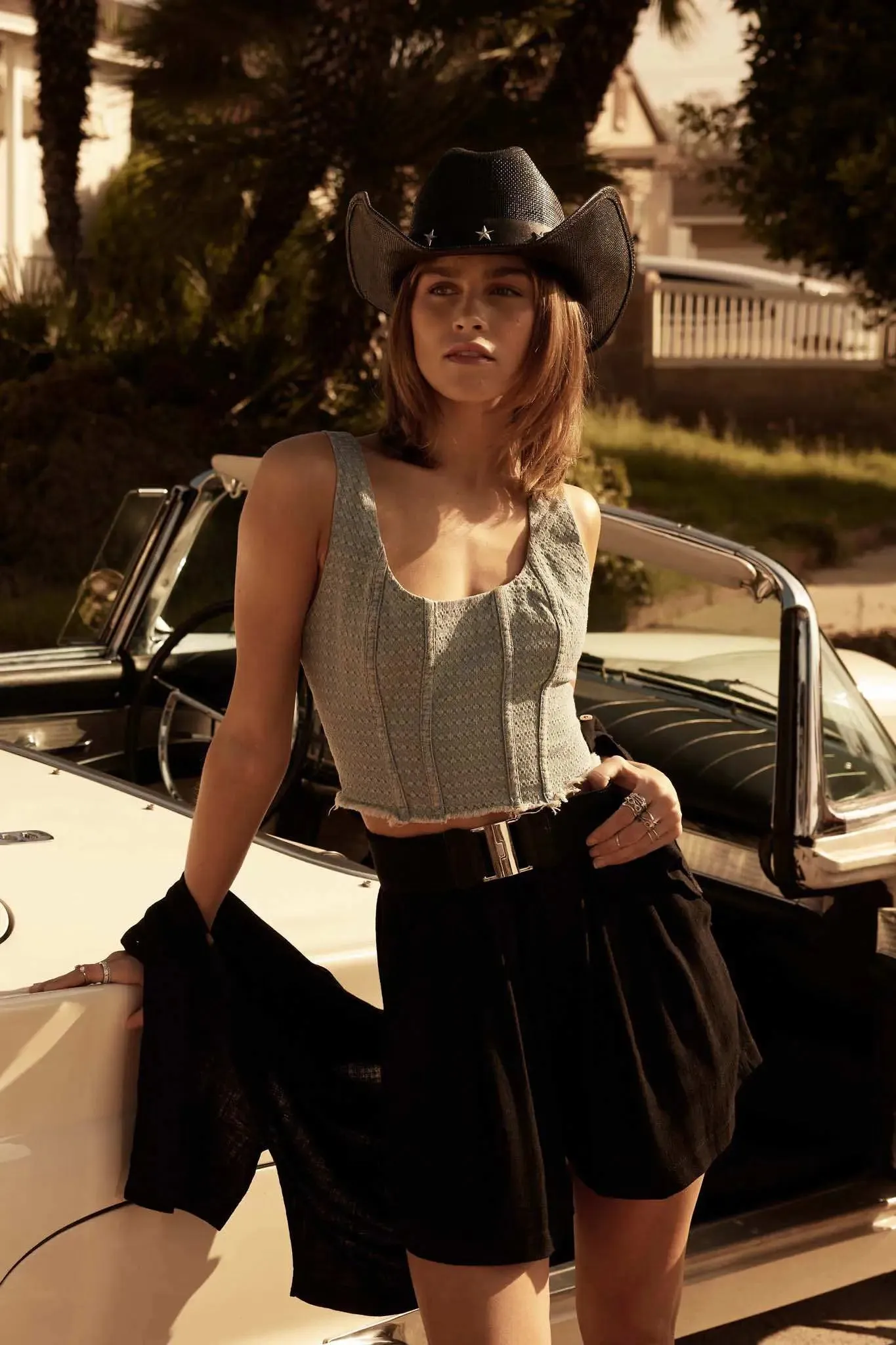 Blue Skies Jacquard Denim Cropped Corset Tank Top sold by Promesa product image thumbnail 2