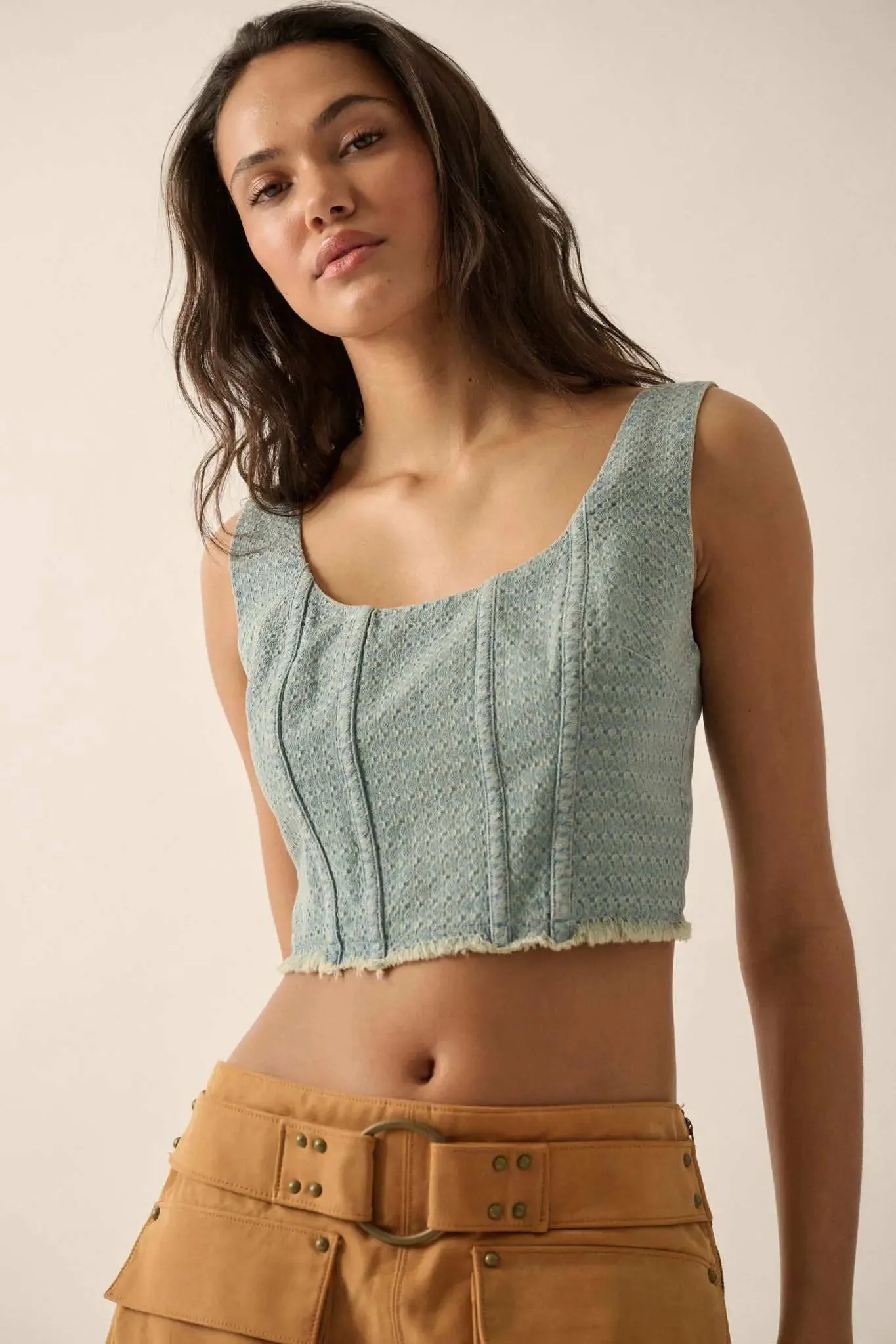 Blue Skies Jacquard Denim Cropped Corset Tank Top sold by Promesa product image thumbnail 3
