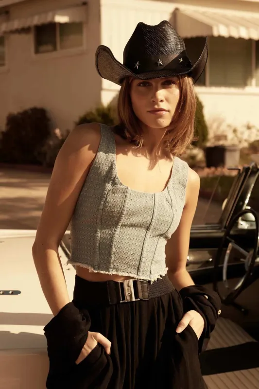 Blue Skies Jacquard Denim Cropped Corset Tank Top sold by Promesa