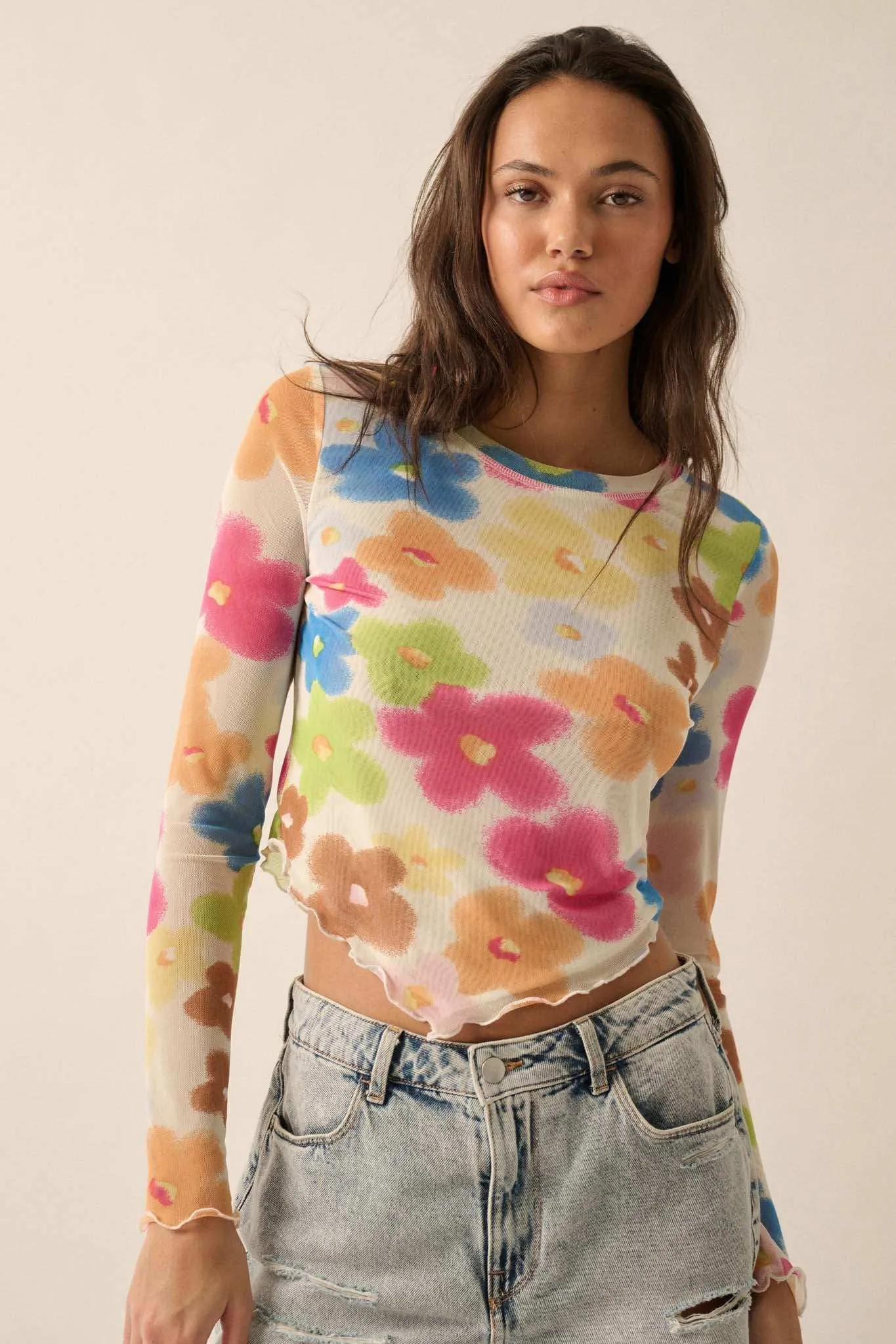 Flower Fest Floral Mesh Long-Sleeve V-Hem Top sold by Promesa product image thumbnail 3