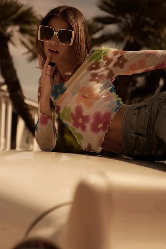 Flower Fest Floral Mesh Long-Sleeve V-Hem Top sold by Promesa