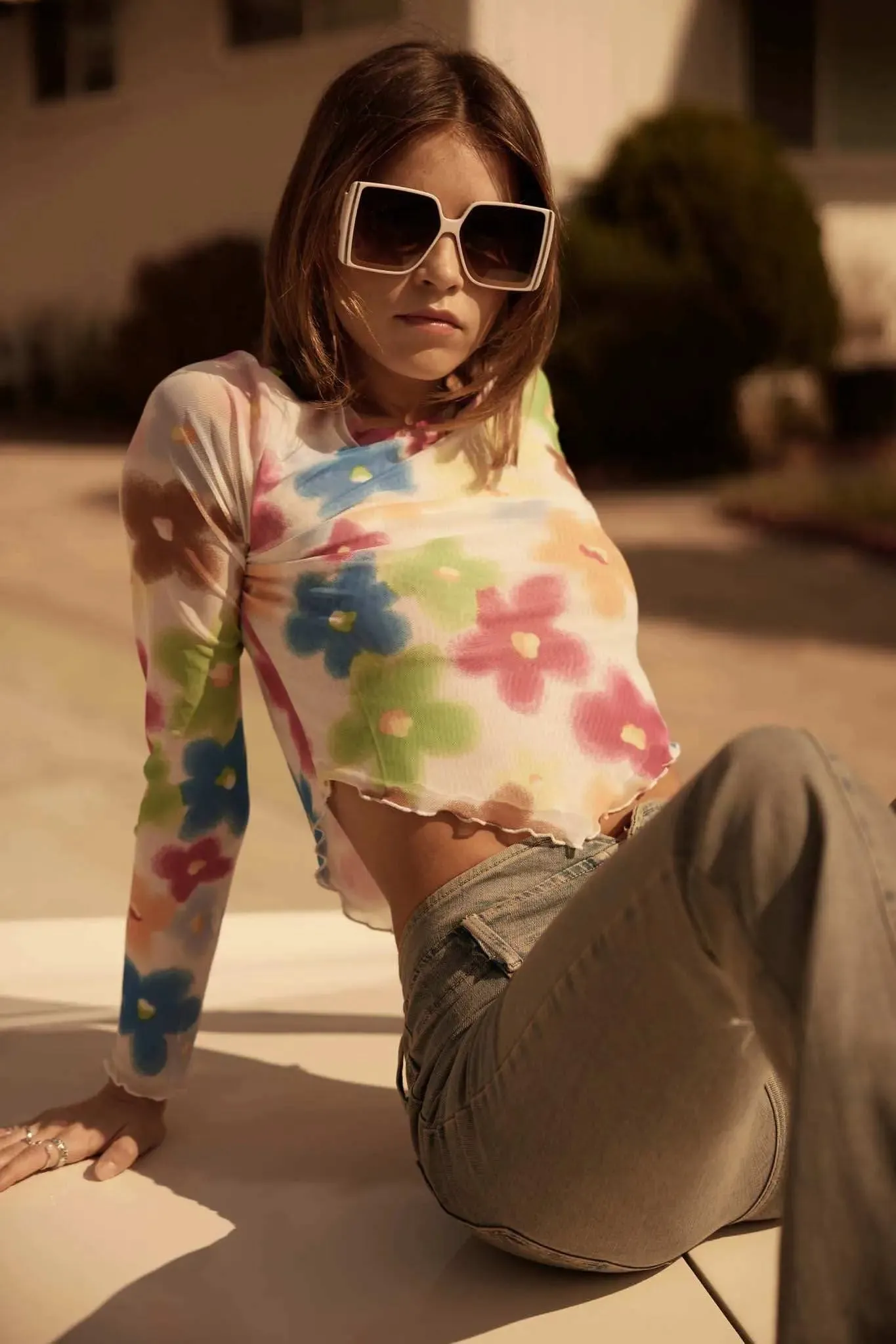 Flower Fest Floral Mesh Long-Sleeve V-Hem Top sold by Promesa product image thumbnail 2