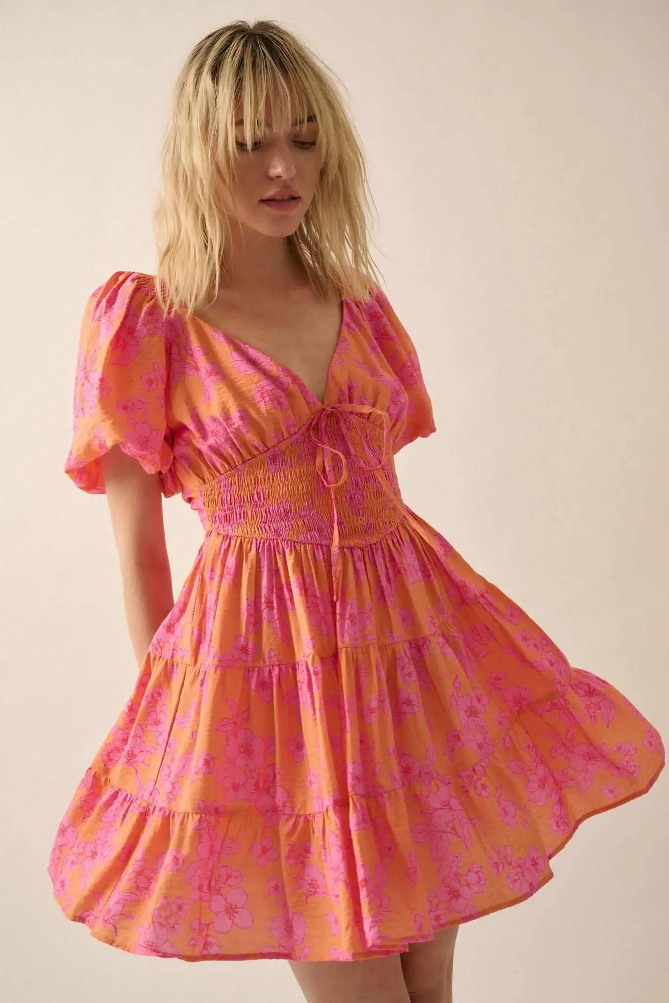 Morning Bloom Floral Puff-Sleeve Tiered Mini Dress sold by Promesa product image thumbnail 5
