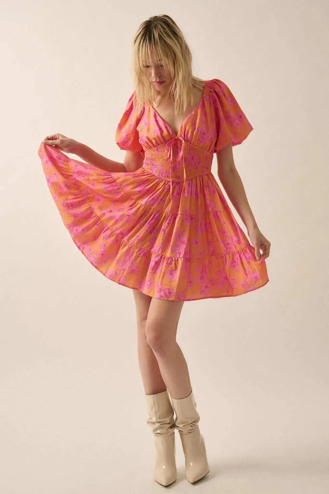 Morning Bloom Floral Puff-Sleeve Tiered Mini Dress sold by Promesa product image thumbnail 3